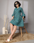 Green Printed Bell Sleeve Fit & Flare Dress