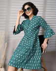 Green Printed Bell Sleeve Fit & Flare Dress