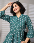 Green Printed Bell Sleeve Fit & Flare Dress