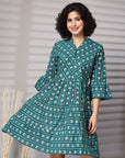 Green Printed Bell Sleeve Fit & Flare Dress