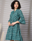 Green Printed Bell Sleeve Fit & Flare Dress