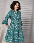 Green Printed Bell Sleeve Fit & Flare Dress