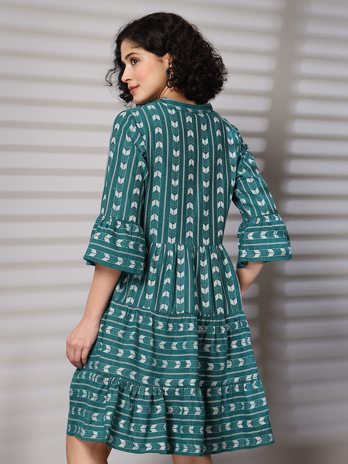 Green Printed Bell Sleeve Fit &amp; Flare Dress