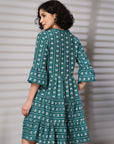 Green Printed Bell Sleeve Fit & Flare Dress