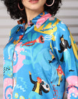 Turquoise Floral Opaque Printed Casual Buttoned Top