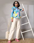 Turquoise Floral Opaque Printed Casual Buttoned Top