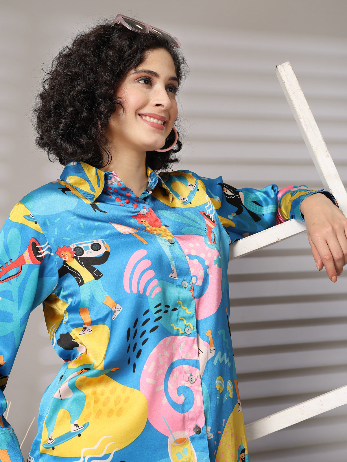 Turquoise Floral Opaque Printed Casual Buttoned Top