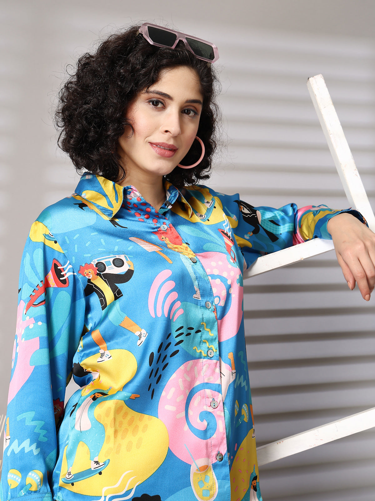 Turquoise Floral Opaque Printed Casual Buttoned Top