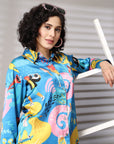 Turquoise Floral Opaque Printed Casual Buttoned Top