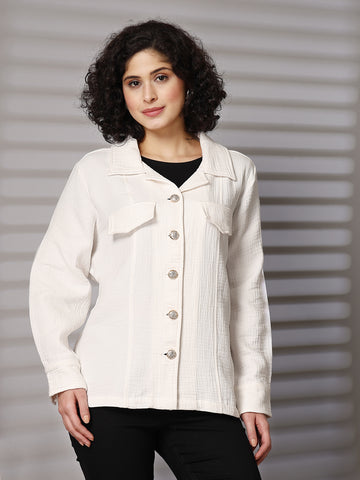 Solid Cream Cotton Long Sleeve Jacket