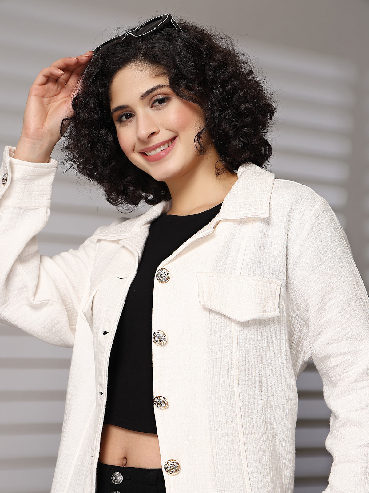 Solid Cream Cotton Long Sleeve Jacket