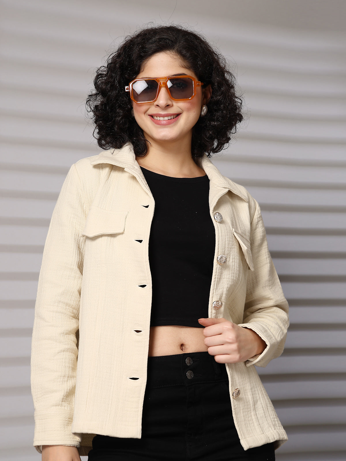 Solid beige Cotton Long Sleeve Jacket