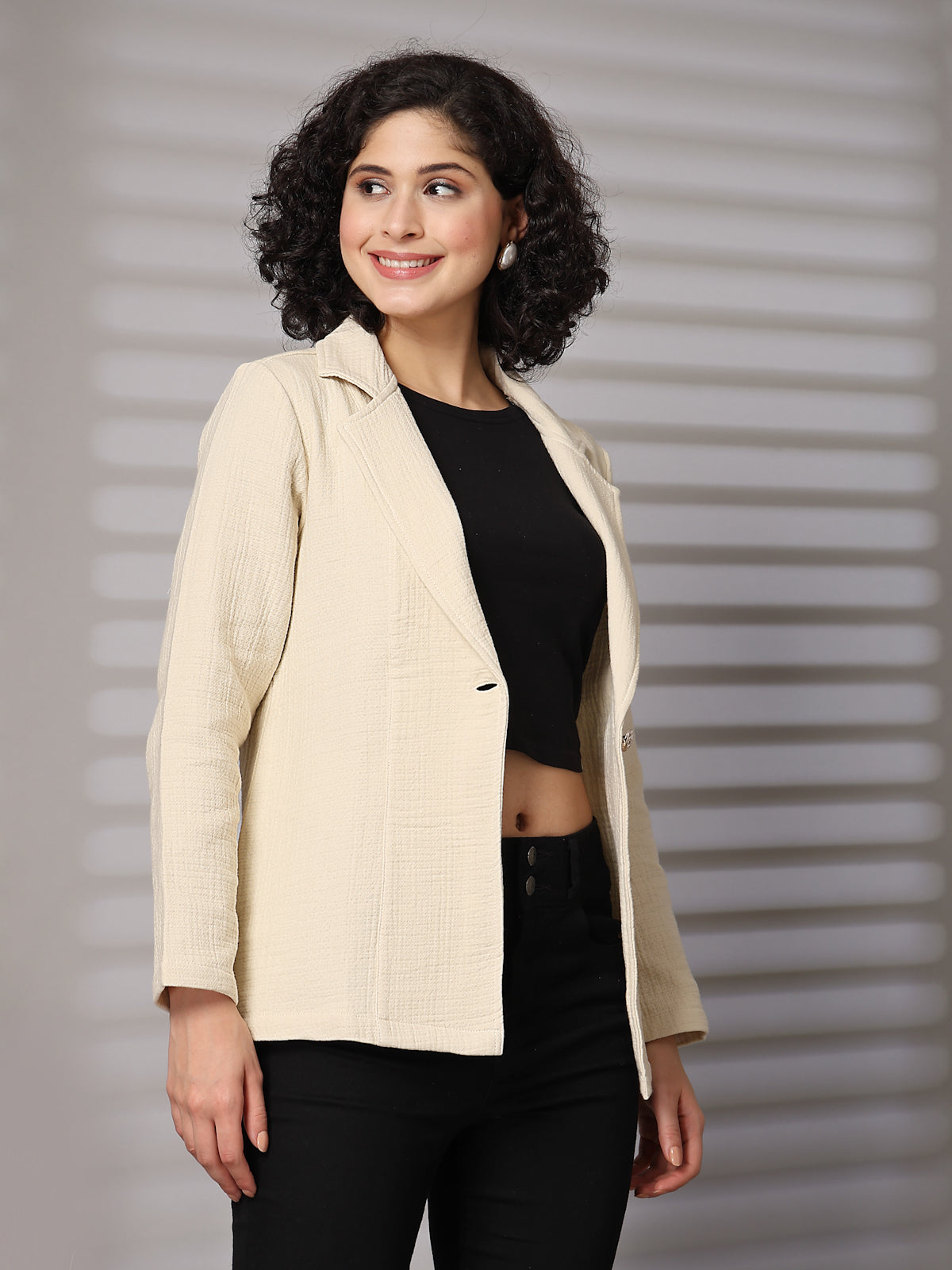 Solid Beige Cotton Single-Breasted Blazers