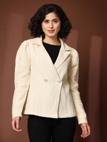 Solid Beige Double Breasted Blazers