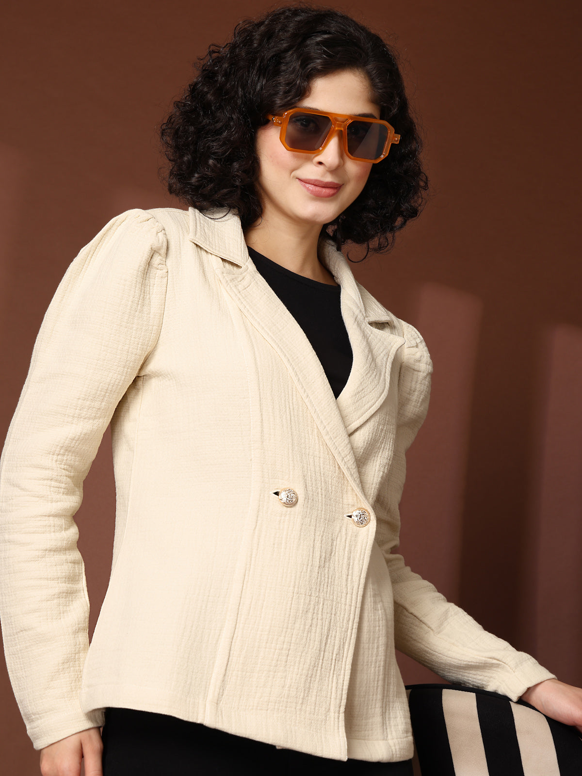 Solid Beige Double Breasted Blazers