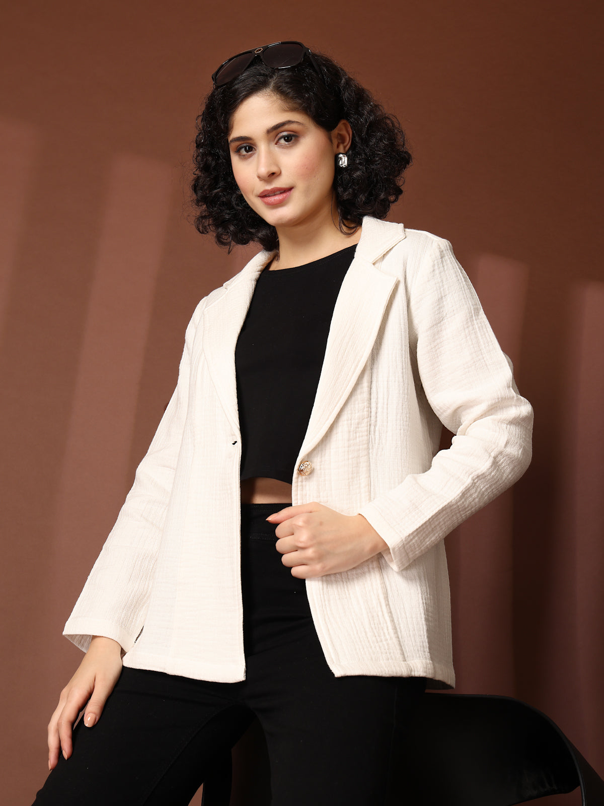 Solid Cream Cotton Single-Breasted Blazers