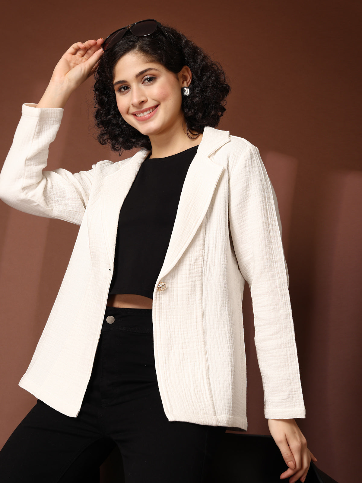 Solid Cream Cotton Single-Breasted Blazers