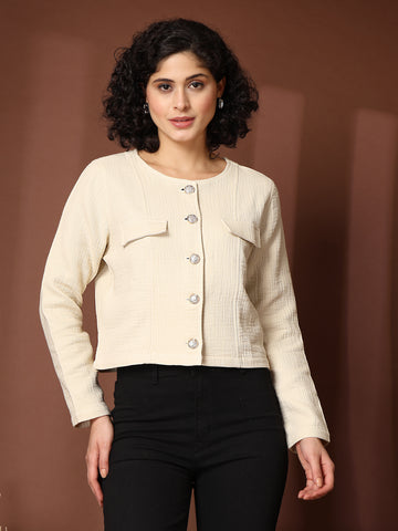 Solid Beige Black Solid Cotton Blazer