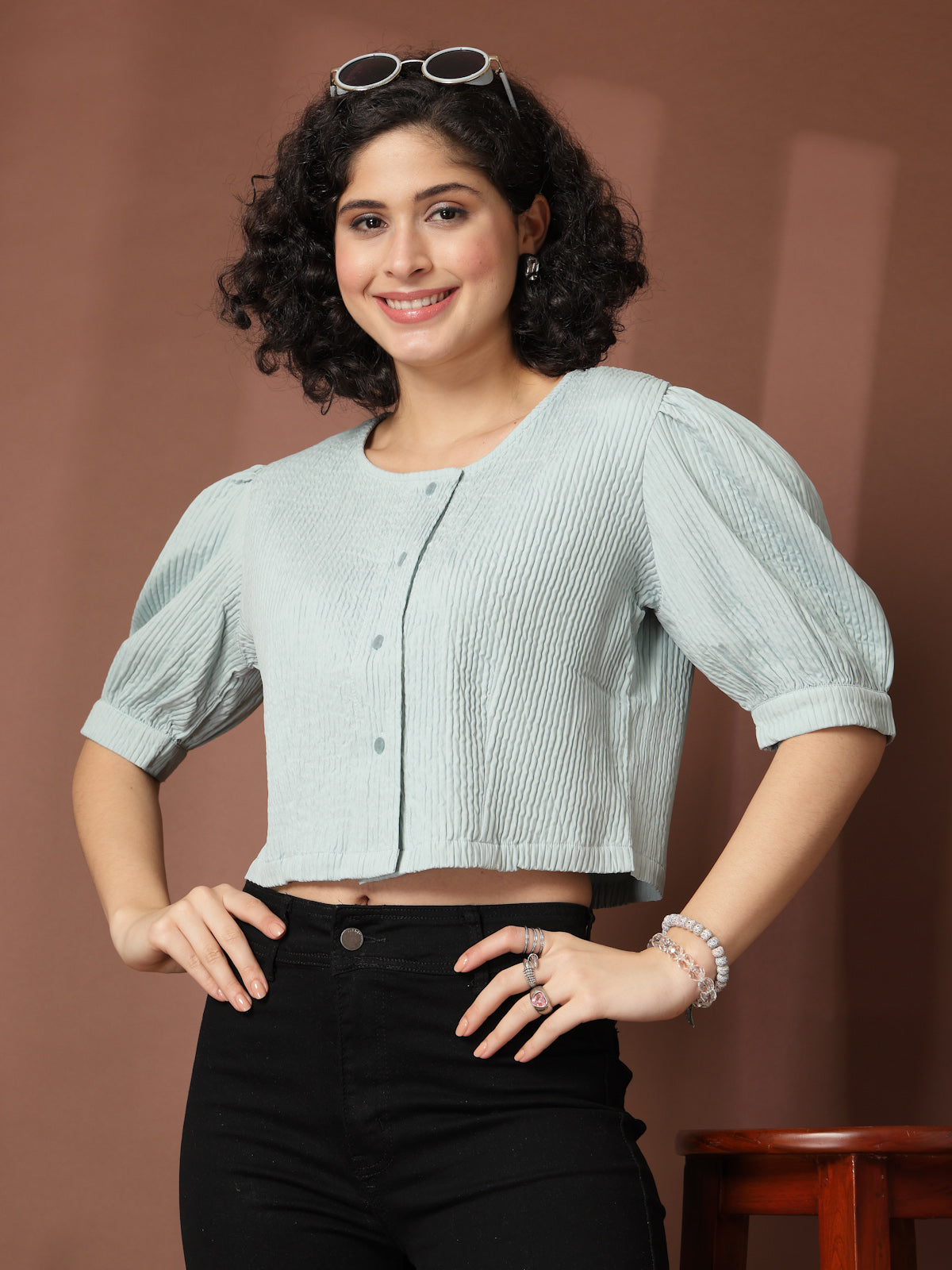 Sea Green collarless Buttoned Top