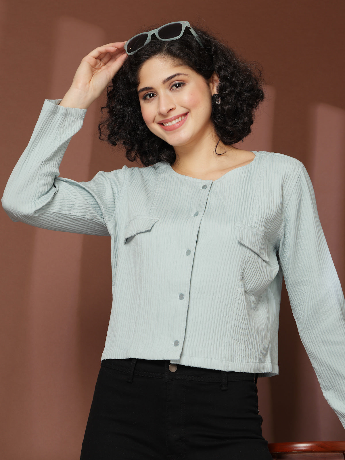 Sea Green collarless full sleeve Buttoned Top