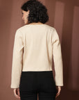 Beige collarless full sleeve Buttoned Top