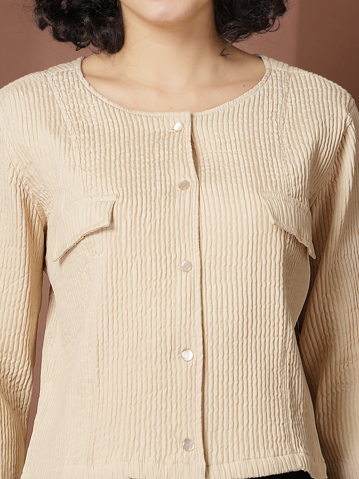 Beige collarless full sleeve Buttoned Top