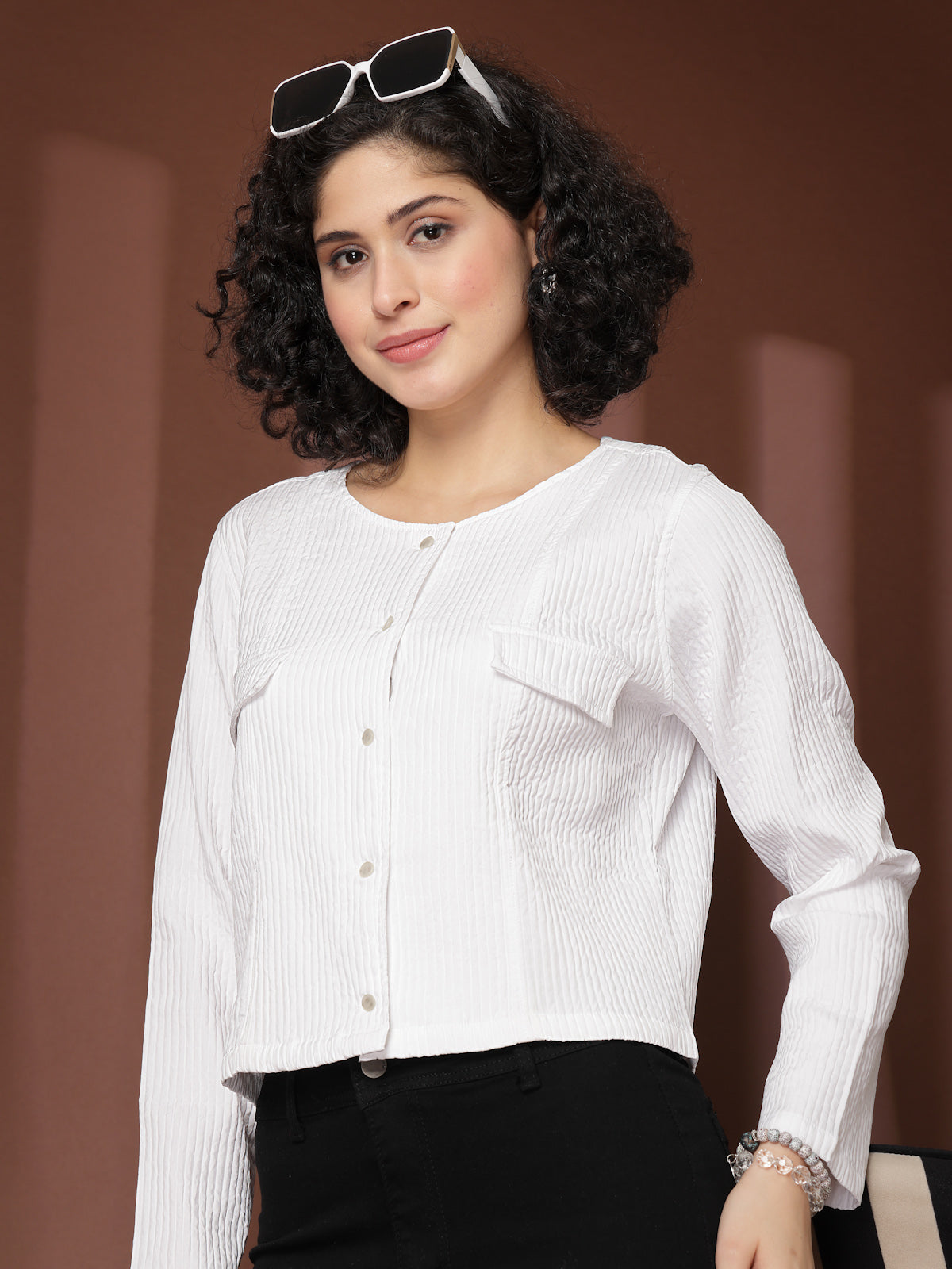 White solid opaque Casual Buttoned Top