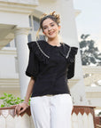 Embellished Peter Pan Collar Flared Sleeves Top