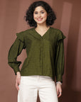 Olive green solid opaque Casual Buttoned Top