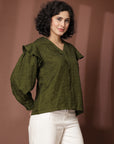 Olive green solid opaque Casual Buttoned Top
