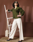 Olive green solid opaque Casual Buttoned Top