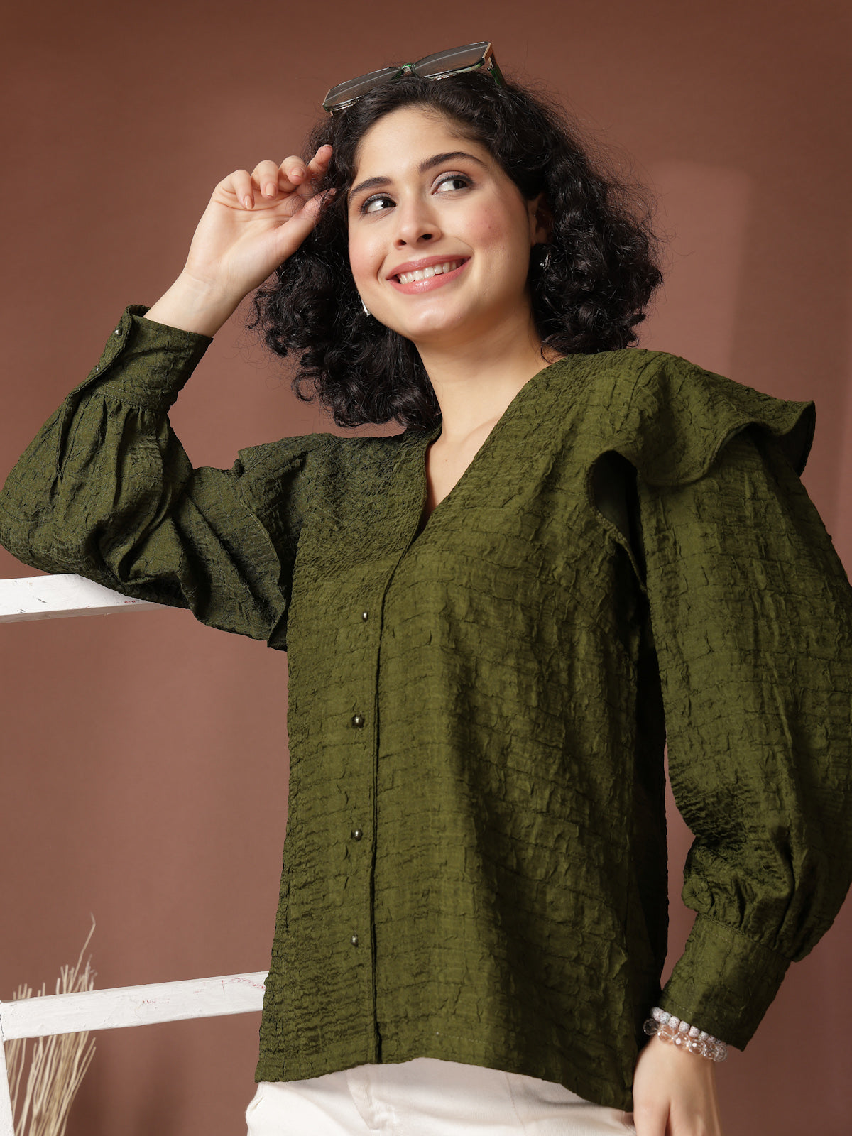 Olive green solid opaque Casual Buttoned Top
