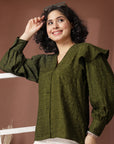 Olive green solid opaque Casual Buttoned Top