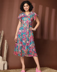 Women Floral Printed Flutter Sleeve A-Line Dress