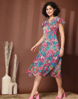 Women Floral Printed Flutter Sleeve A-Line Dress