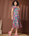 Women Floral Printed Flutter Sleeve A-Line Dress