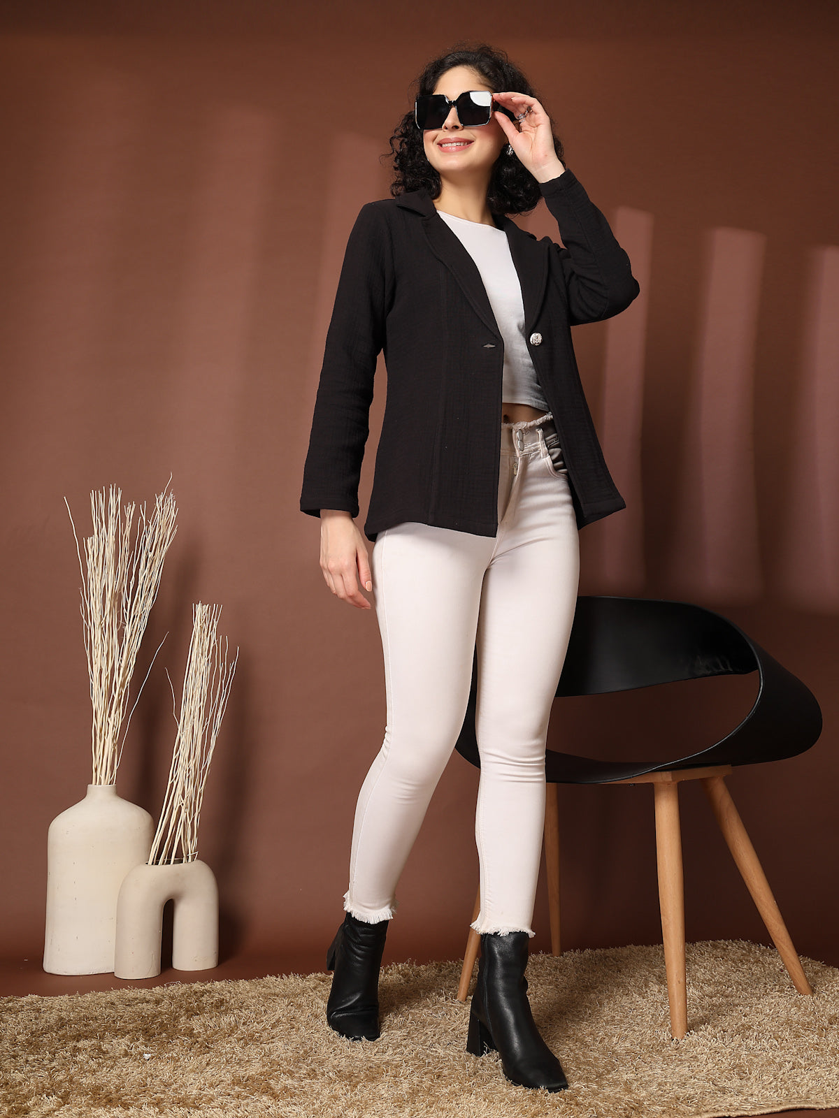 Solid Black Cotton Single-Breasted Blazers
