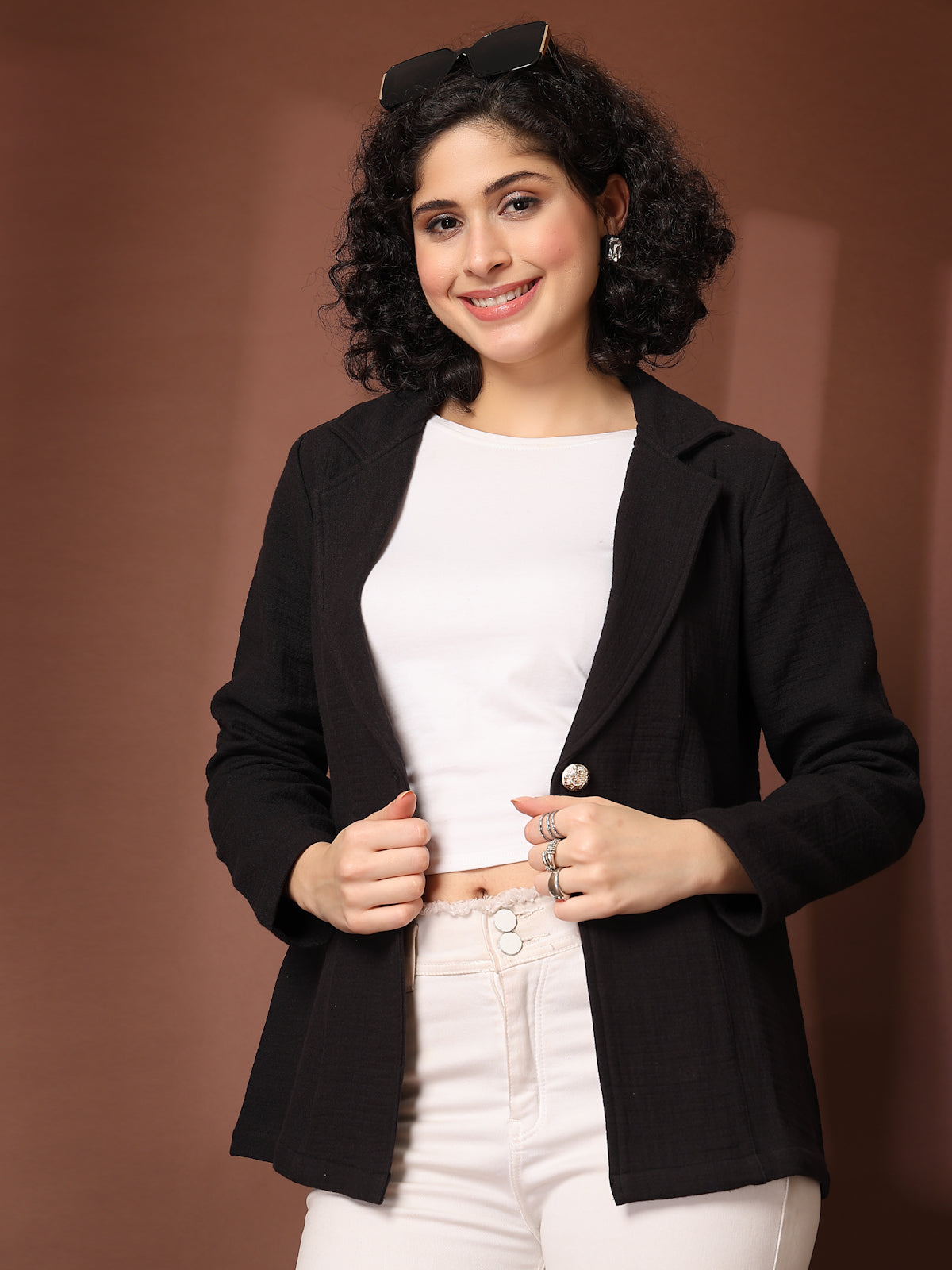 Solid Black Cotton Single-Breasted Blazers