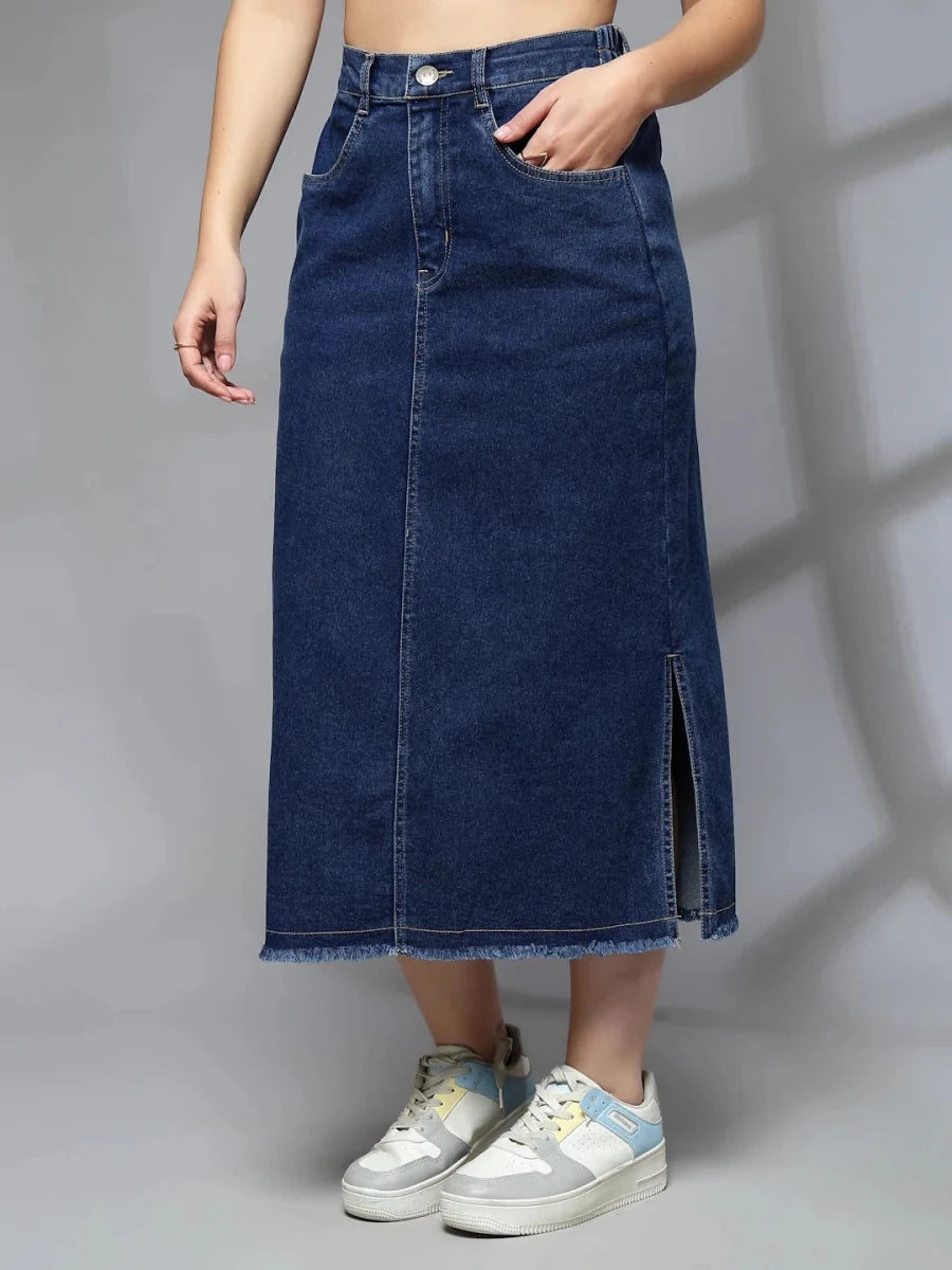 Women Denim Straight A-Line Midi Skirt