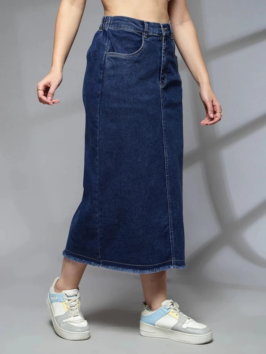 Women Denim Straight A-Line Midi Skirt