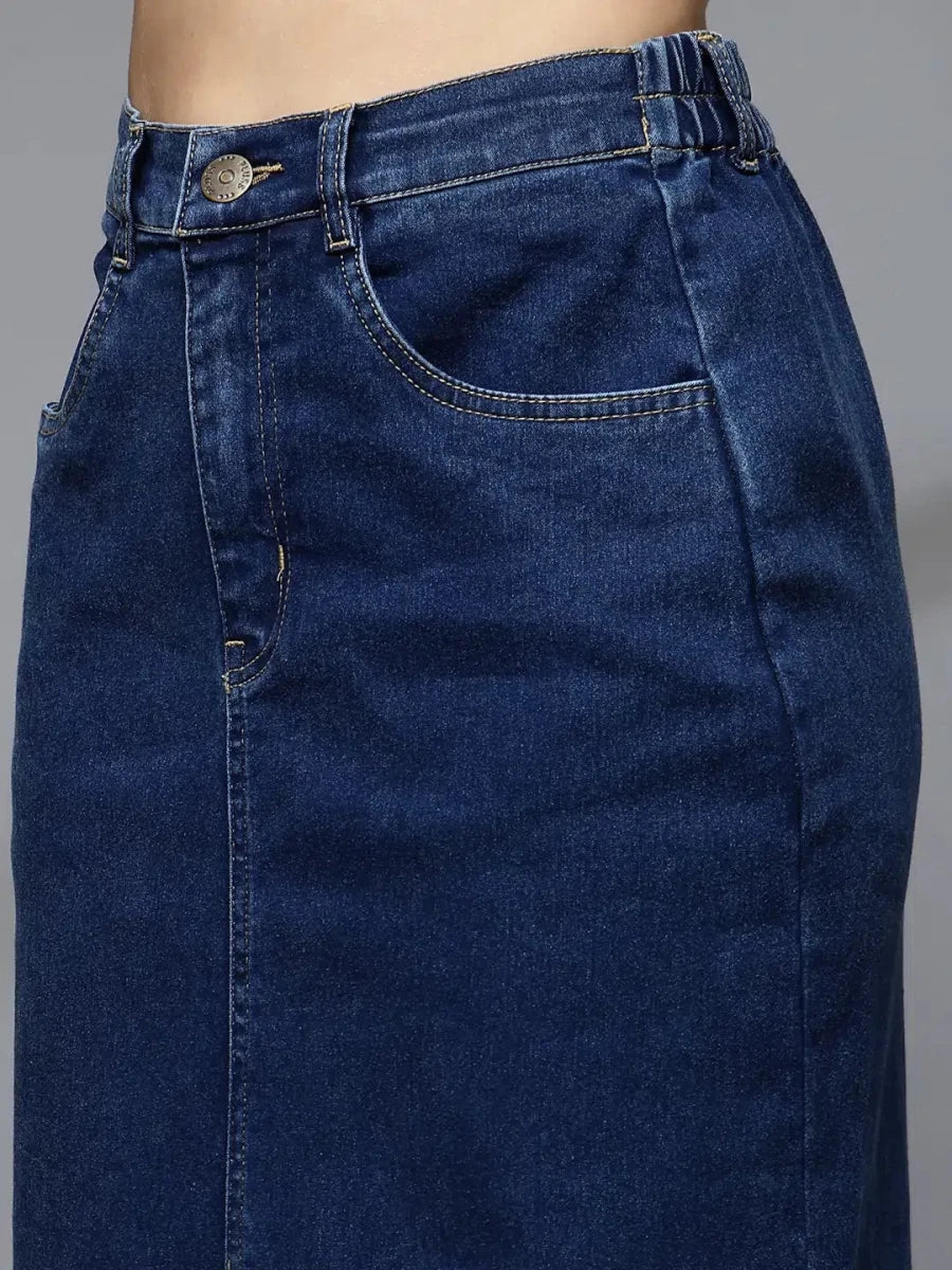 Women Denim Straight A-Line Midi Skirt