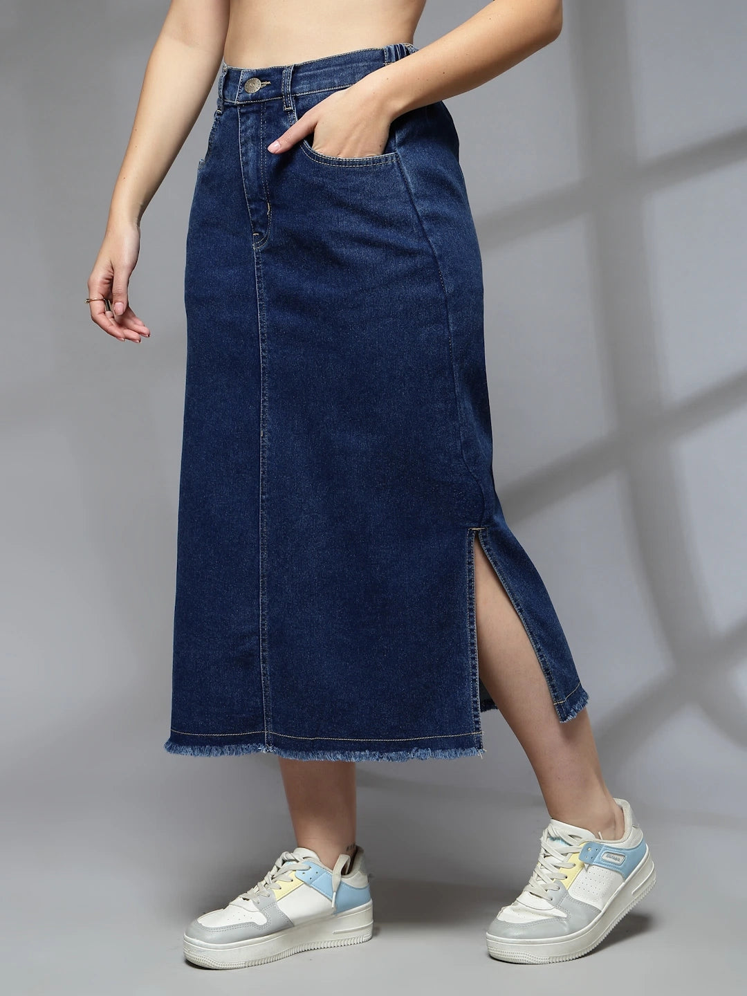Women Denim Straight A-Line Midi Skirt