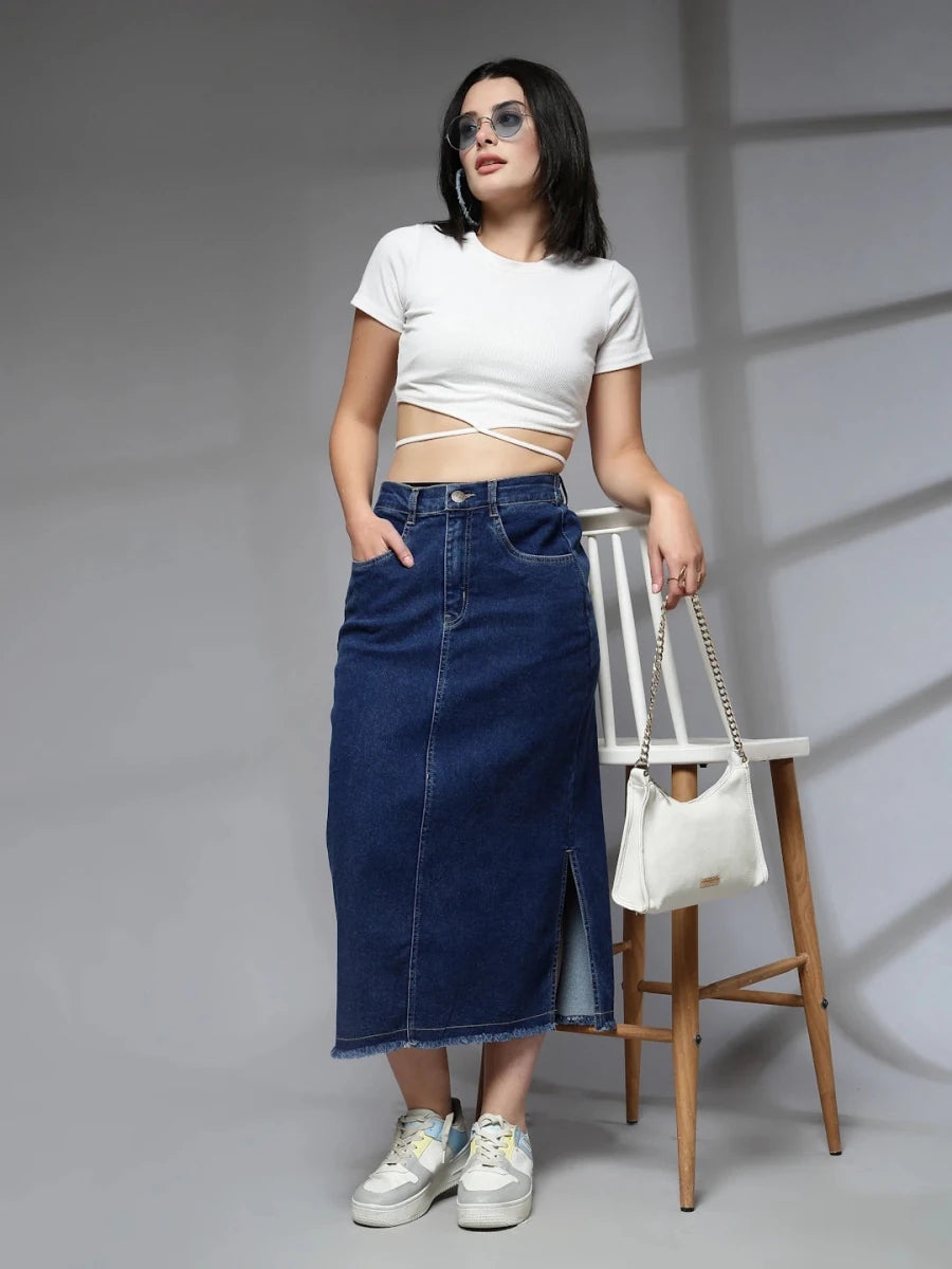 Women Denim Straight A-Line Midi Skirt