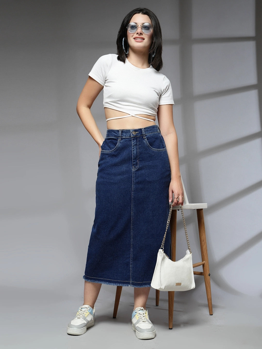 Women Denim Straight A-Line Midi Skirt