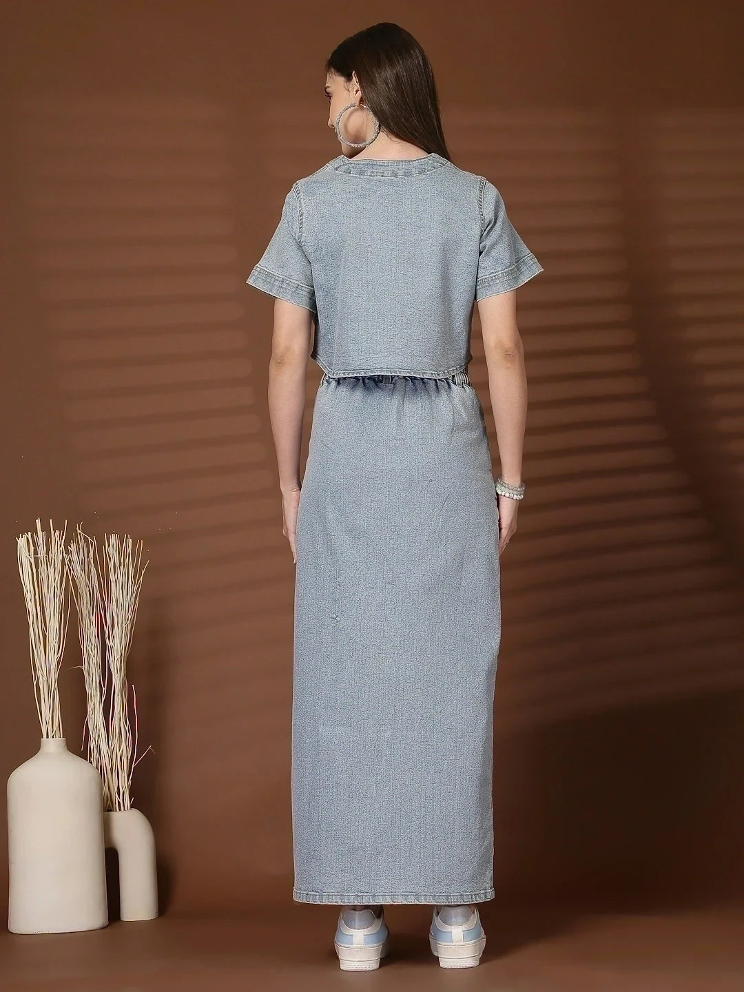 Solid Denim Round Neck Top With Skirt Co-Ords Set