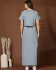 Solid Denim Round Neck Top With Skirt Co-Ords Set