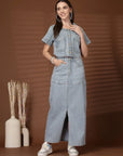 Solid Denim Round Neck Top With Skirt Co-Ords Set
