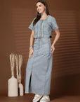 Solid Denim Round Neck Top With Skirt Co-Ords Set