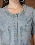 Solid Denim Round Neck Top With Skirt Co-Ords Set