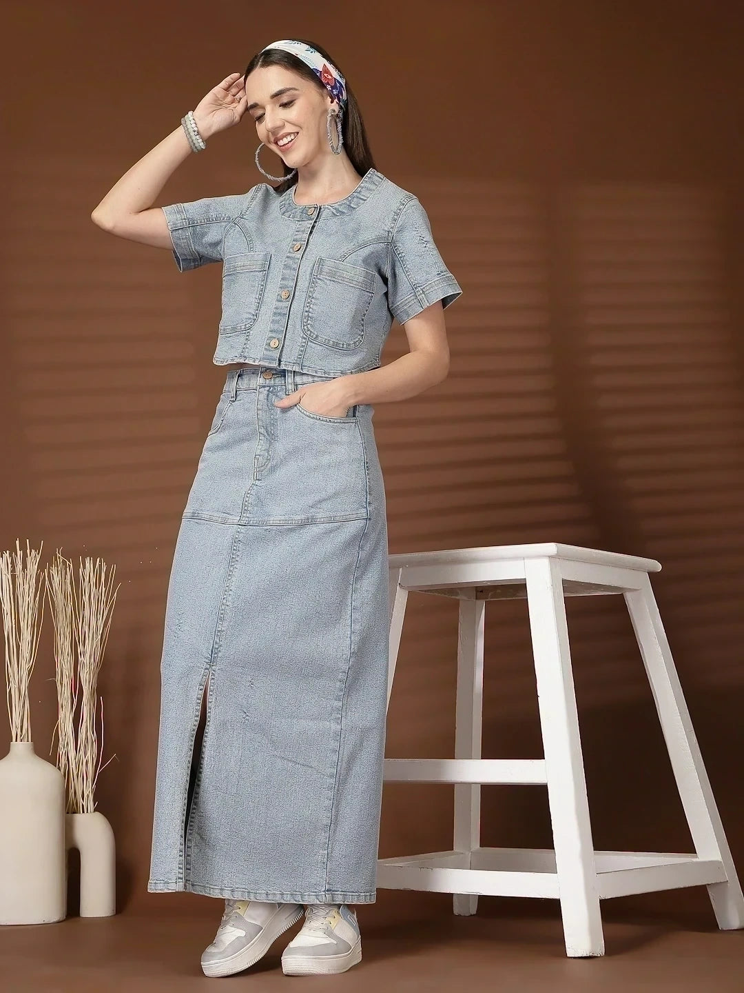 Solid Denim Round Neck Top With Skirt Co-Ords Set